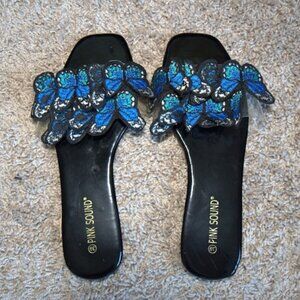 Pink Sound Blue Butterfly Embroidered Slide Sandals Size 8/9